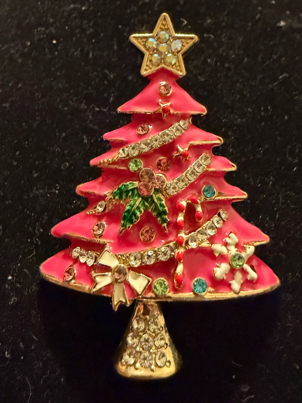 Diva Festive Pink Enamel Christmas Tree Brooch with Rhinestones - Women Jewelry